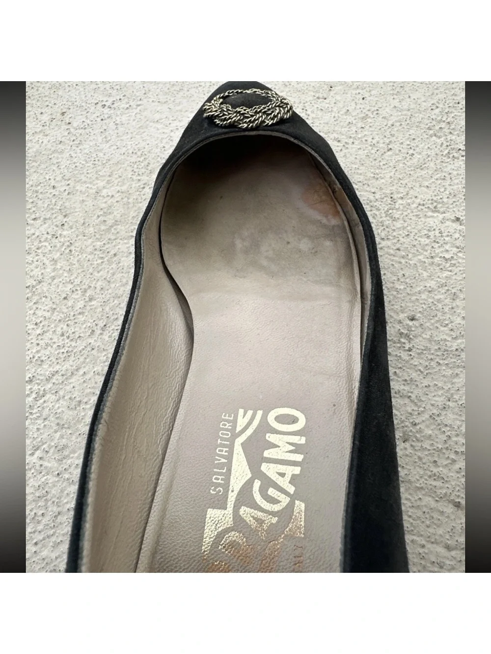 Vintage Ferragamo Black Flats with Gold Accents
